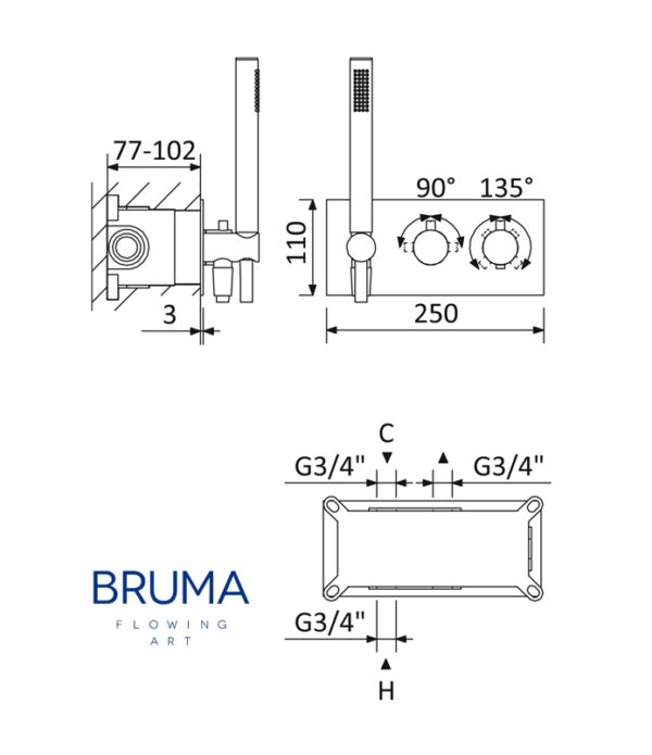 BRUMA LUSITANO TERMOSTATICA BAÑO-DUCHA EMPOTRADO 2 VIAS - Imagen 2