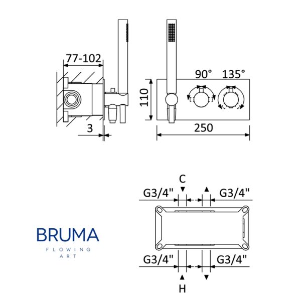 BRUMA LUSITANO TERMOSTATICA BAÑO-DUCHA EMPOTRADO 3 VIAS - Imagen 2
