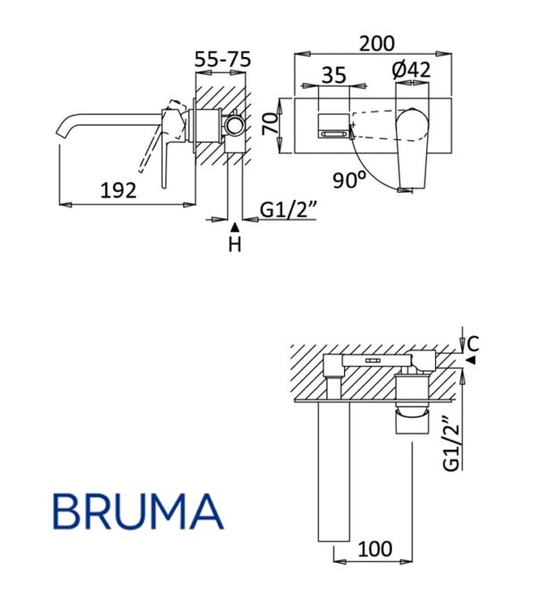 BRUMA NAUTIC MONOMANDO LAVABO MURAL con PLACA - Imagen 2