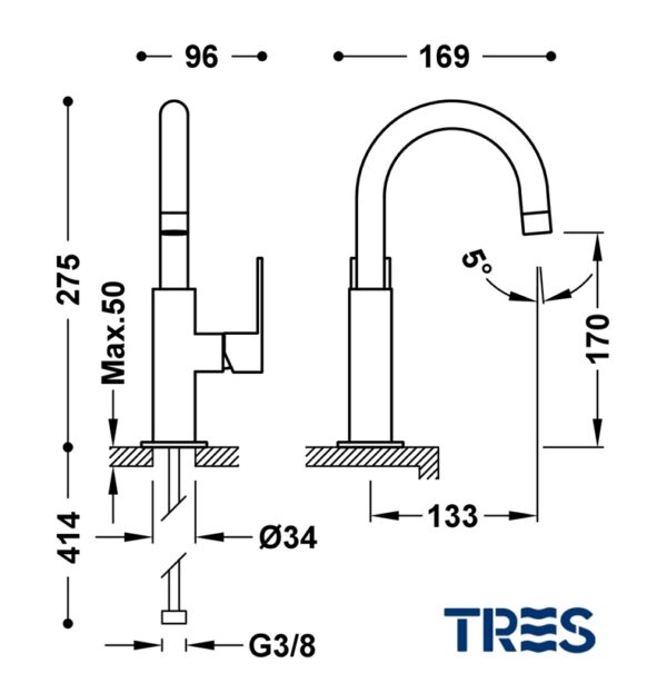 TRES LOFT MONOMANDO LAVABO NEGRO BRILLO-CROMO - Imagen 2