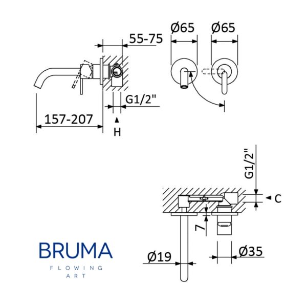 BRUMA LEAF MONOMANDO LAVABO MURAL 157mm - Imagen 2