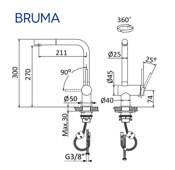 BRUMA MONOMANDO COCINA EXTRAIBLE ACERO INOXIDABLE - Imagen 2